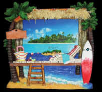Beach Hut Picture Frame w/Thatch Roof and Surfboard